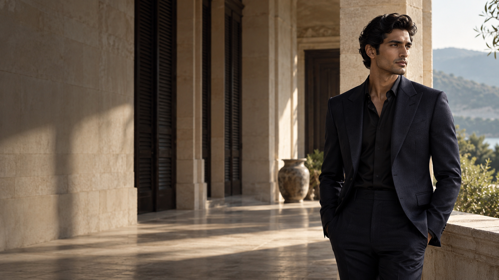 A midnight navy suit in a shaded limestone colonnade; an artistic representation of the House's tailoring direction