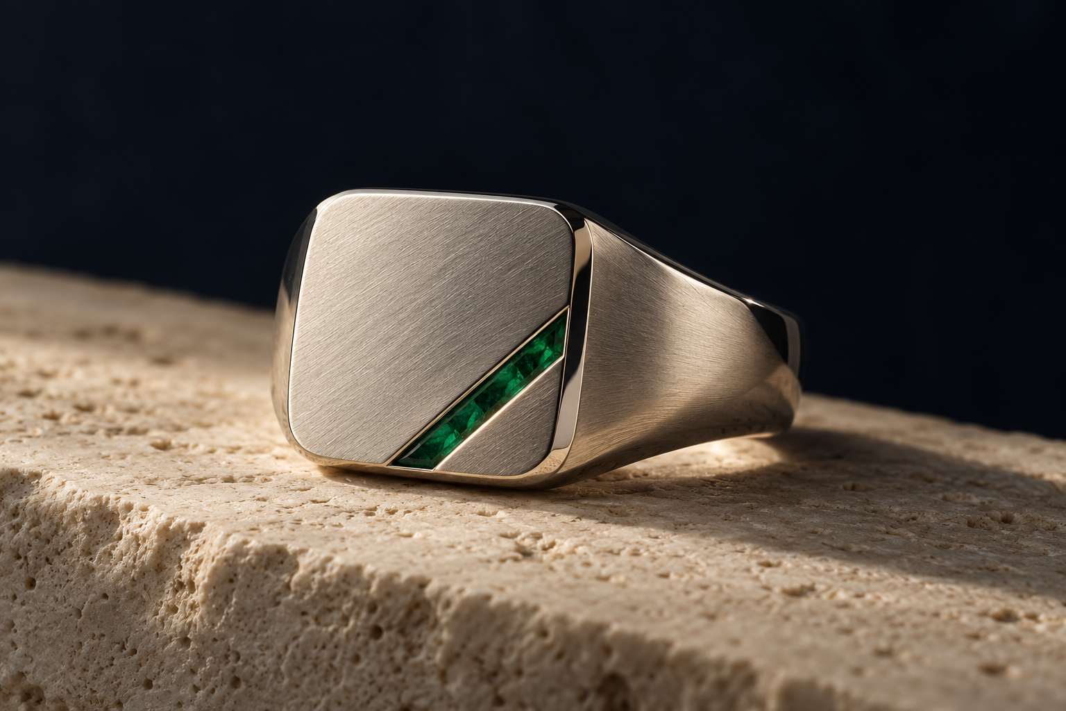 An original artistic study of a sculptural platinum signet with a fine diagonal emerald accent