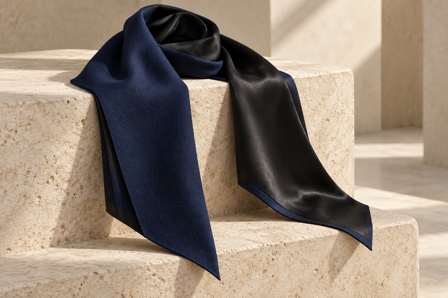 An artistic study of a reversible navy wool and black silk scarf with clean diagonal ends and no fringe