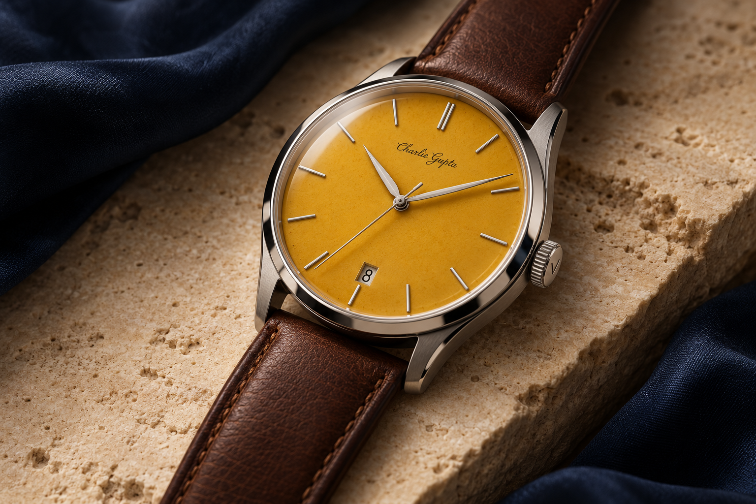 An artistic representation of a steel dress watch with a honey-yellow porcelain dial, slim hands and brown leather strap